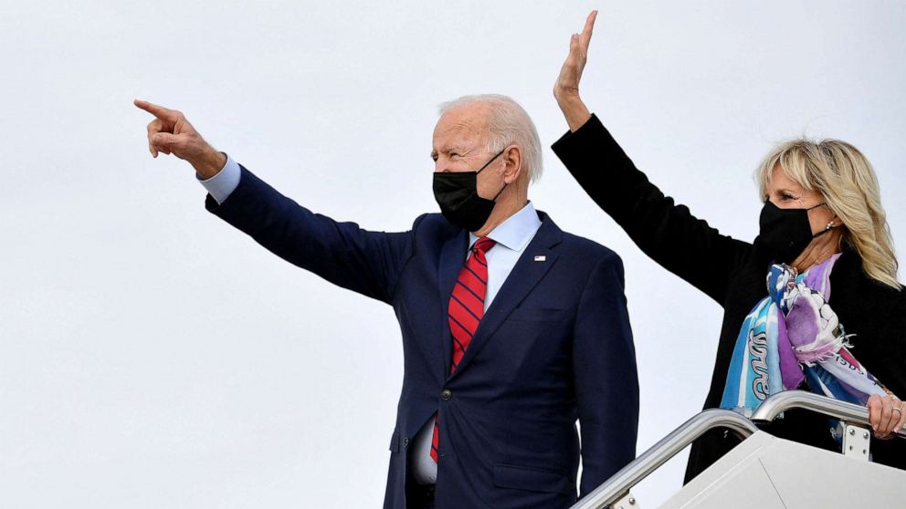 PHOTO: President Joe Biden and First Lady Jill Biden board Air Force One before departing from Andrews Air Force Base in Maryland, Feb. 27, 2021.