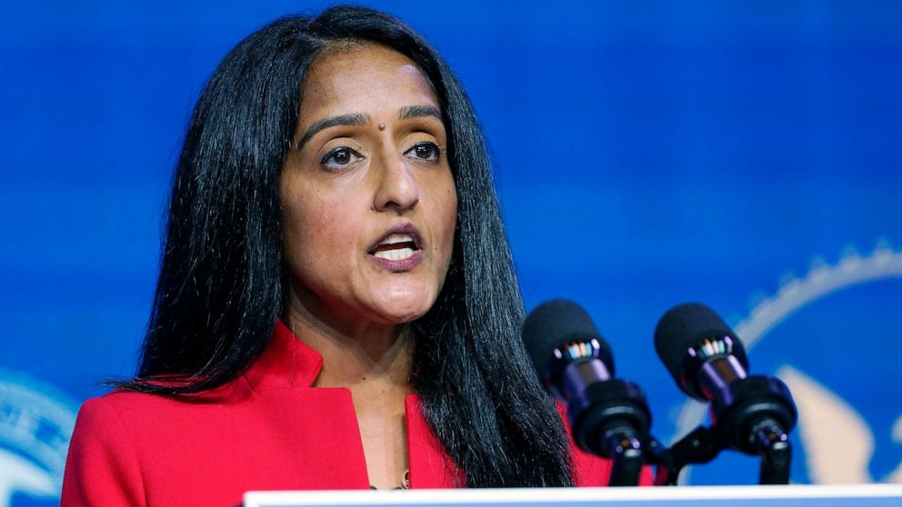 PHOTO: In this Jan. 7, 2021, file photo, Associate Attorney General nominee Vanita Gupta speaks during an event with President-elect Joe Biden and Vice President-elect Kamala Harris at The Queen theater in Wilmington, Del.