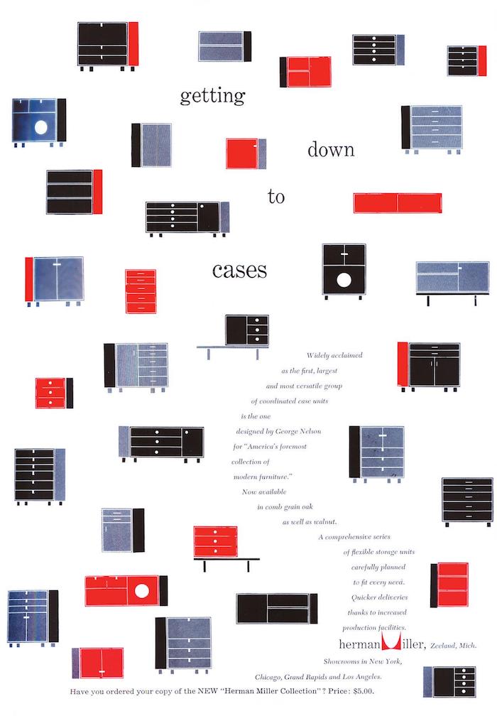 赫曼米勒公司1952年的广告，乔治尼尔森联合事务所的欧文·哈珀设计。赫曼米勒是一家总部位于密歇根州泽兰市的家具公司，20世纪50年代，该公司在既时尚又有趣的设计中运用品牌自身独特的红黑配色方案，制作了一系列高水准广告。