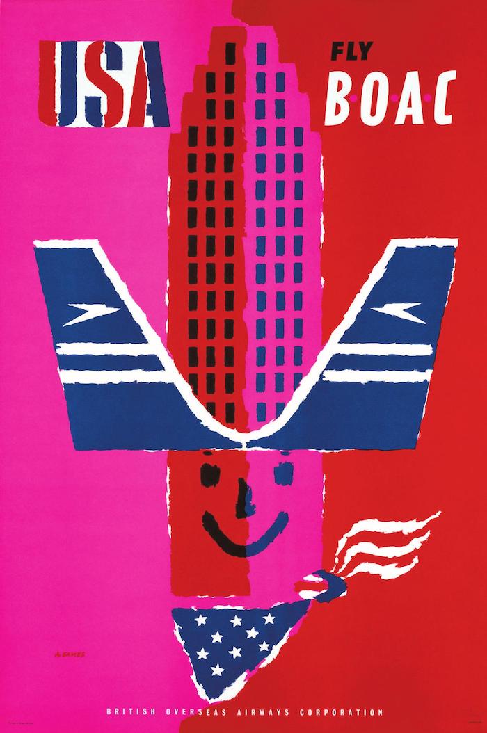 《去美国，就坐英国海外航空》，阿布拉姆·盖姆斯1959年为英国海外航空公司设计的海报。在这幅海报中，盖姆斯画了一位美国牛仔，牛仔头戴的帽子是由一栋摩天大楼和两块飞机尾翼组成的［尾翼上还有英国海外航空公司的“极速鸟”标志，该标志是由蒂尔·李 — 艾里奥托（Theyre Lee-Elliott） 于1932年设计的］。提出“意义最大化，手段最少化”口号的盖姆斯，是人们常说的“以意义为本”的平面设计的先驱。