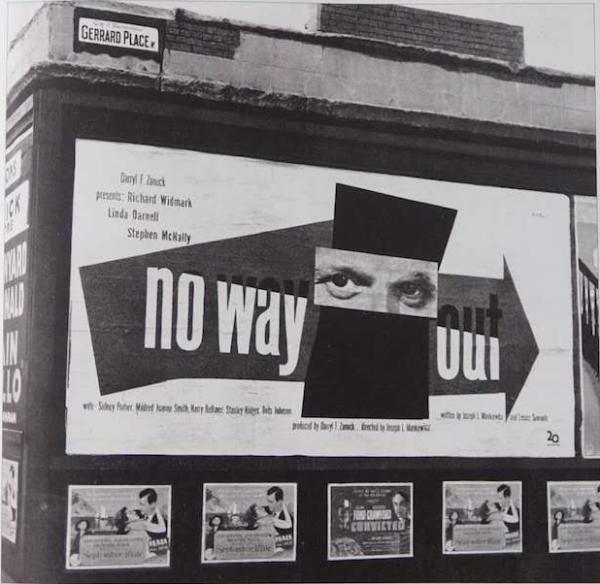 电影《无路可走》的宣传海报，保罗·兰德1950年设计。海报配色只使用了黑、白、红三色（图正中眼睛两侧的形状都是鲜红色。）