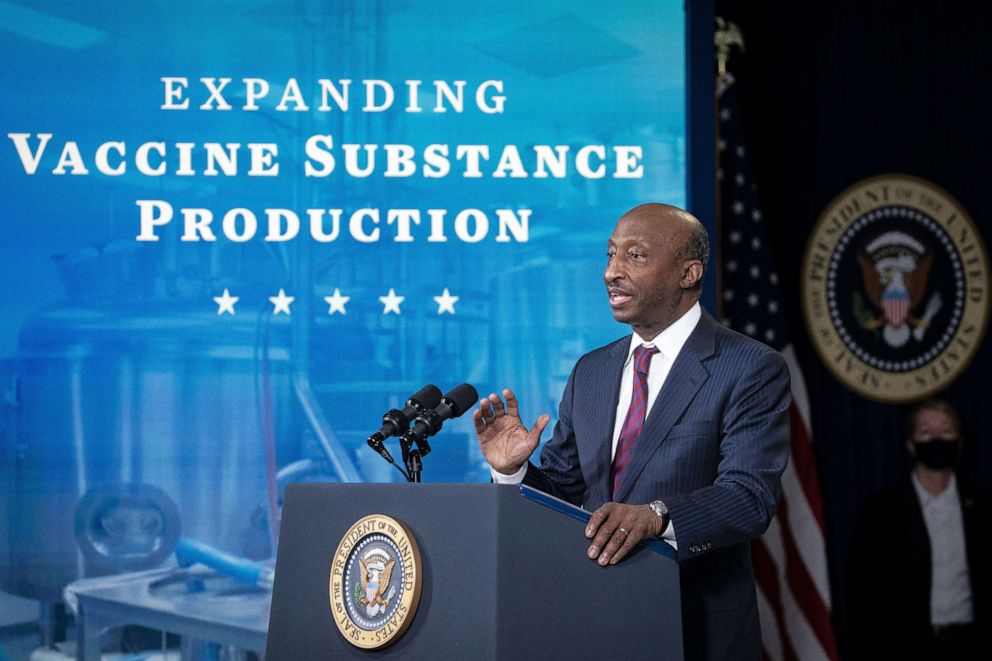 PHOTO: Ken Frazier, chairman and CEO of Merck & Co., speaks during an event in the Eisenhower Executive Office Building in Washington, March 10, 2021.