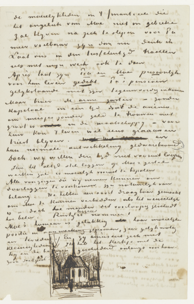 《凡·高给弟弟提奥的信》1884年2月3日写于纽恩南，内附有《离开纽南新教教堂的会众》的草图