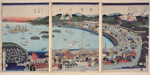 《东京江户品川高轮风景》，作者二代歌川国辉，作于明治元年 1868。图中所呈现的海岸浅滩早已被围海造田。在没有照相术的时代，这幅作品为后世保留下彼时的人间烟火。