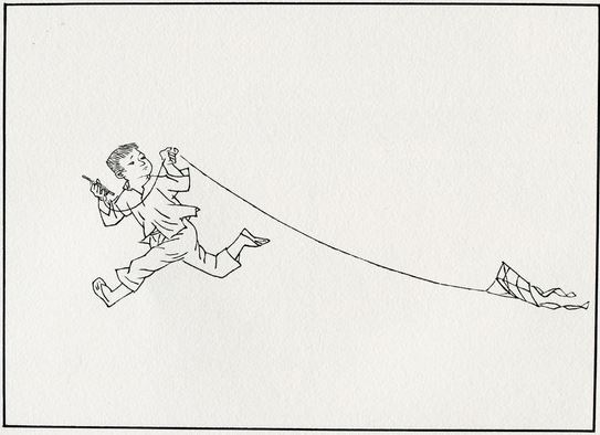 贺友直系列作品《我来自民间》之一，这一作品的自述是：“在农村里，穷人家的孩子是不知道有玩具的，要玩只有自己做。可我做的风筝从没上过天。”