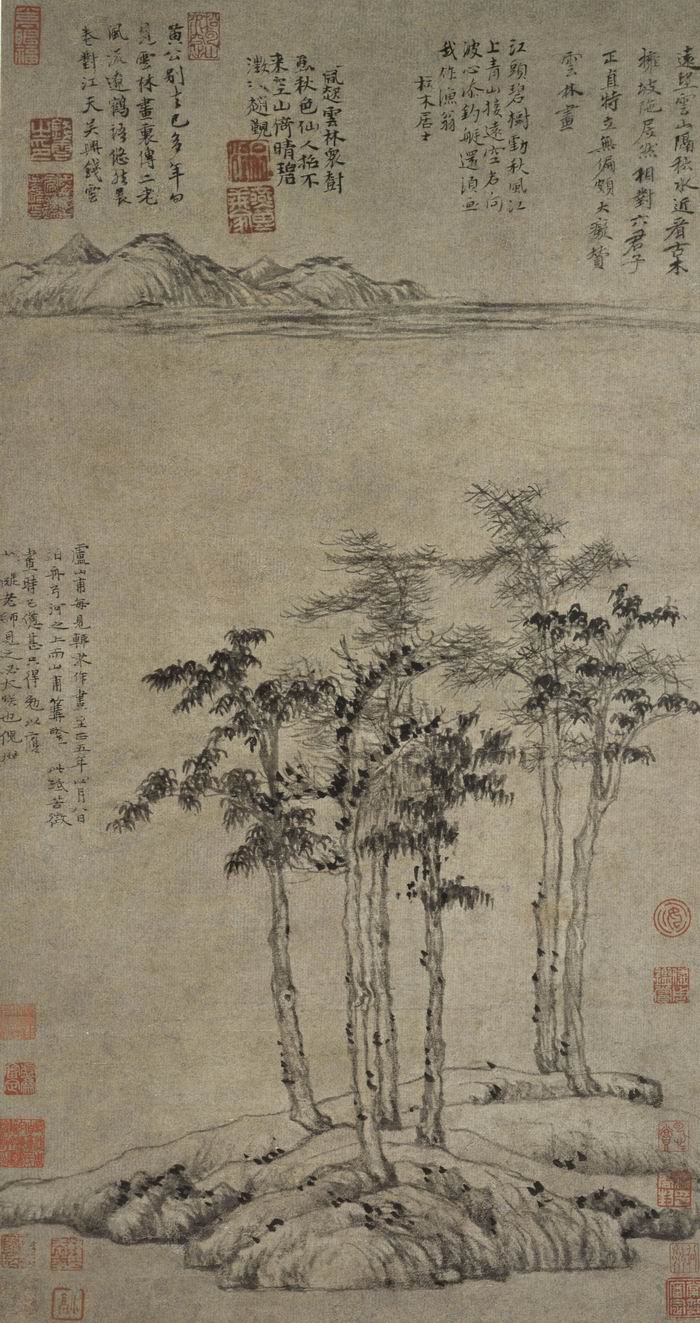 倪瓒，《六君子图轴》，纸本墨笔，上海博物馆藏，1345年，64.3x46.6cm