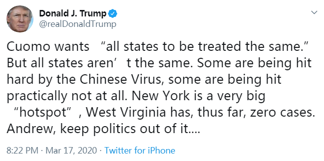 特朗普在推特上把新冠病毒称为“中国病毒”