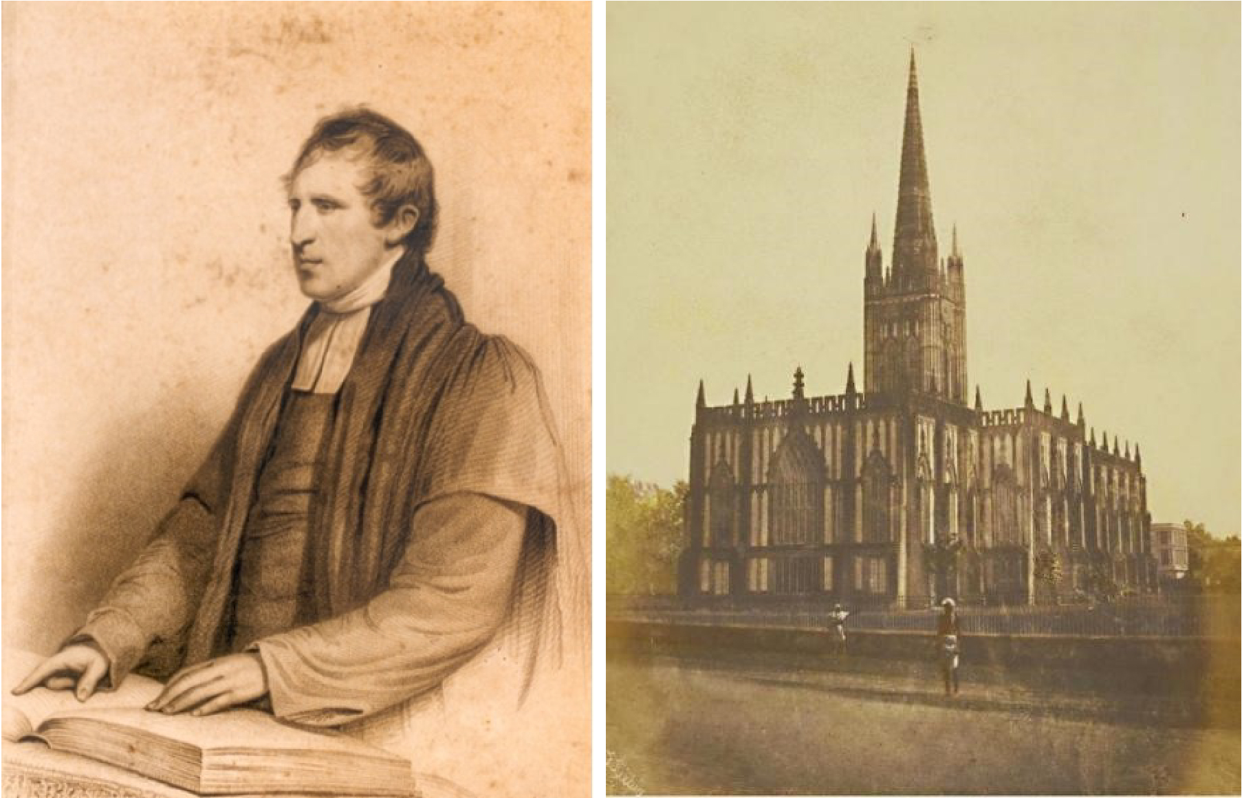 威尔森主教画像(图像采自其族谱)/ 1851年拍摄的加尔各答圣保罗大教堂(St. Paul’s Cathedral Kolkata,1847 年落成)(大英图书馆藏老照片)