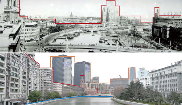 苏州河河口经典画面历史景象与现状景象比较。资料来源：《苏州河沿岸地区建设规划（2018-2035）公众版》