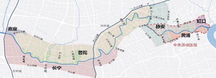 苏州河中心段范围图。资料来源：《苏州河沿岸地区建设规划（2018-2035）公众版》