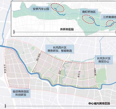 苏州河区段划分图。资料来源：《苏州河沿岸地区建设规划（2018-2035）公众版》