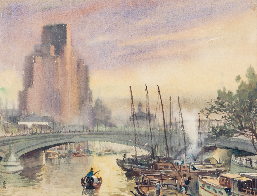 潘思同 (1903-1980 )《苏州河的早晨》水彩纸本 1945年作  泓盛资料图