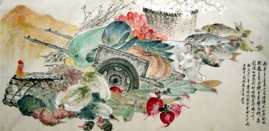 《农业大丰收 国庆万象新》 画师集体创作 纸本设色 1958年 124×251cm