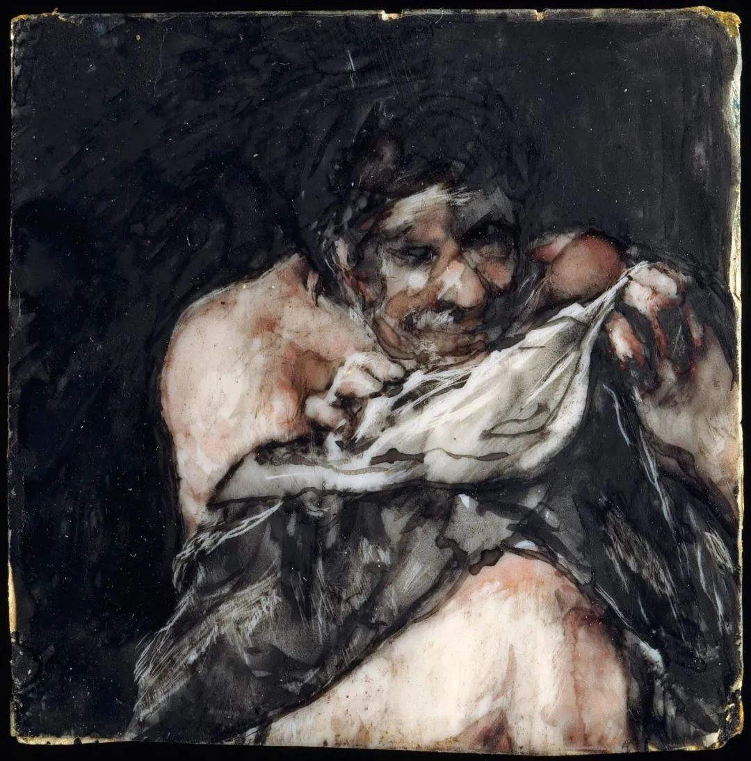 Man looking for fleas in his shirt, Francisco Goya y Lucientes, 1824–25, Carbon black wash, with watercolor and scratching, on ivory