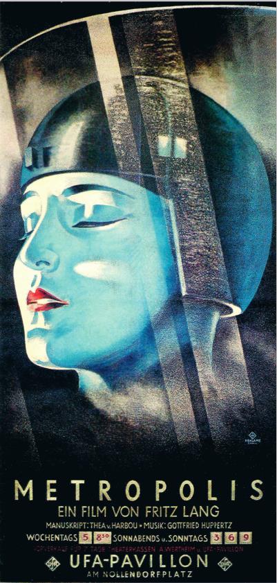 《大都会》 （1927） 这是一个梦想中的未来世界。与电影中更受欢迎的形象形成鲜明对比的是，这幅海报将女性的脸与抽象的结构交织在一起，创造出引人注目的形象。