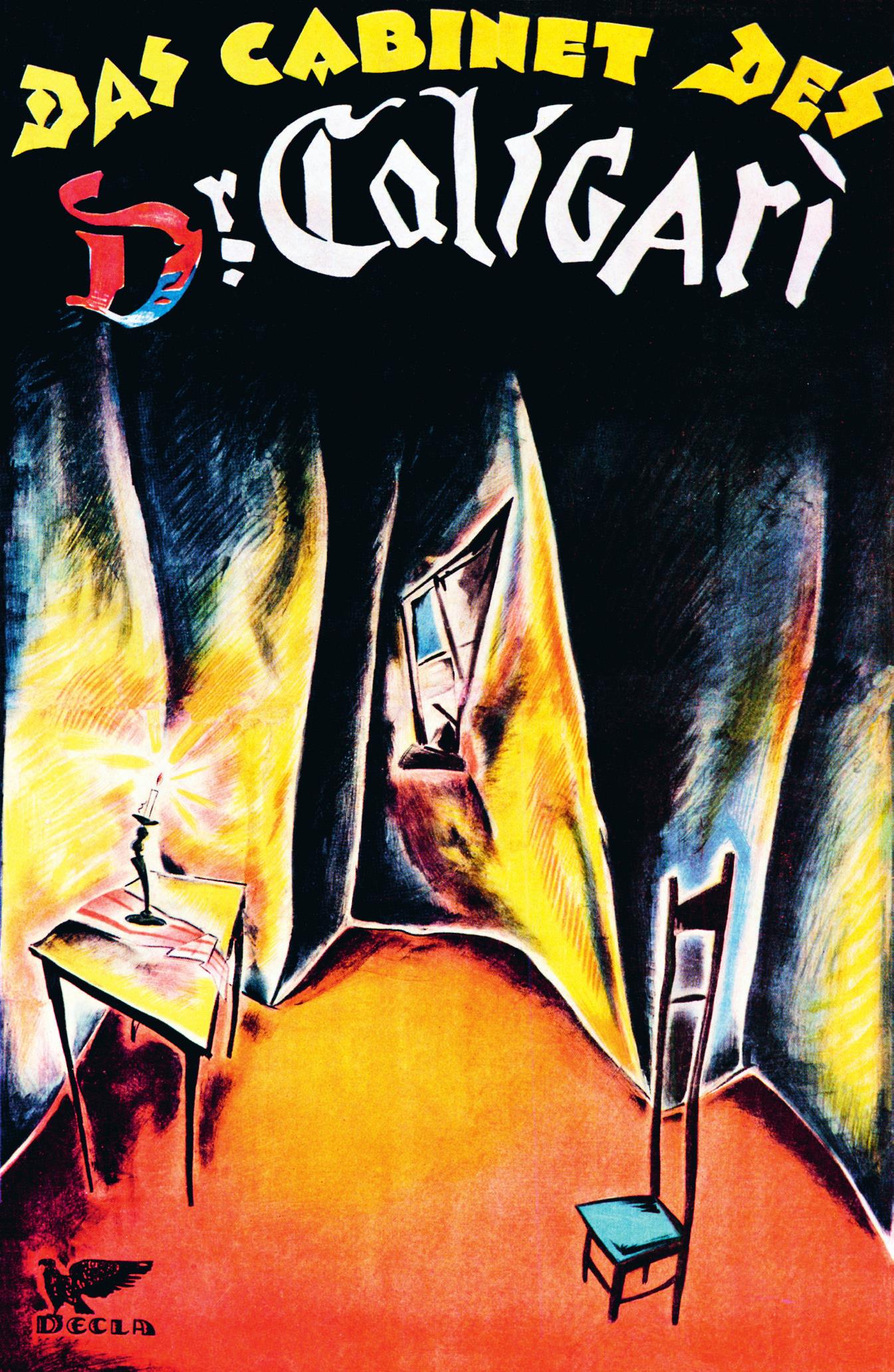 《卡里加里博士的小屋》 （1920） 斯塔尔 - 阿普克的设计为罗伯特·威恩的单色世界增添了色彩，以最少的调色增加了环境的扭曲和不安的、怪诞的特质。