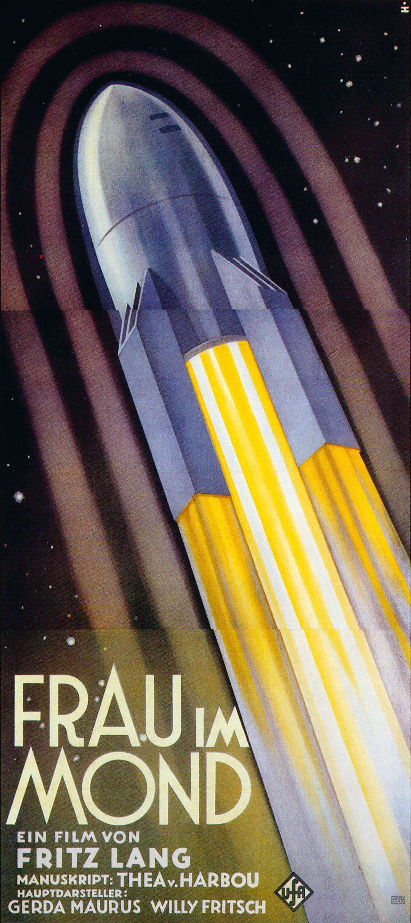 《月亮中的女人》（1929） 阿尔弗雷德·赫尔曼的设计展现了太空旅行的奇观。在弗里茨·朗第二部科幻冒险作品的海报上，火箭周围有两圈带阴影的条纹，黄色和白色暗示着速度。