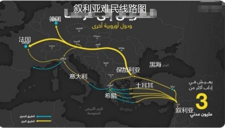 叙利亚难民前往欧洲的主要路线图。