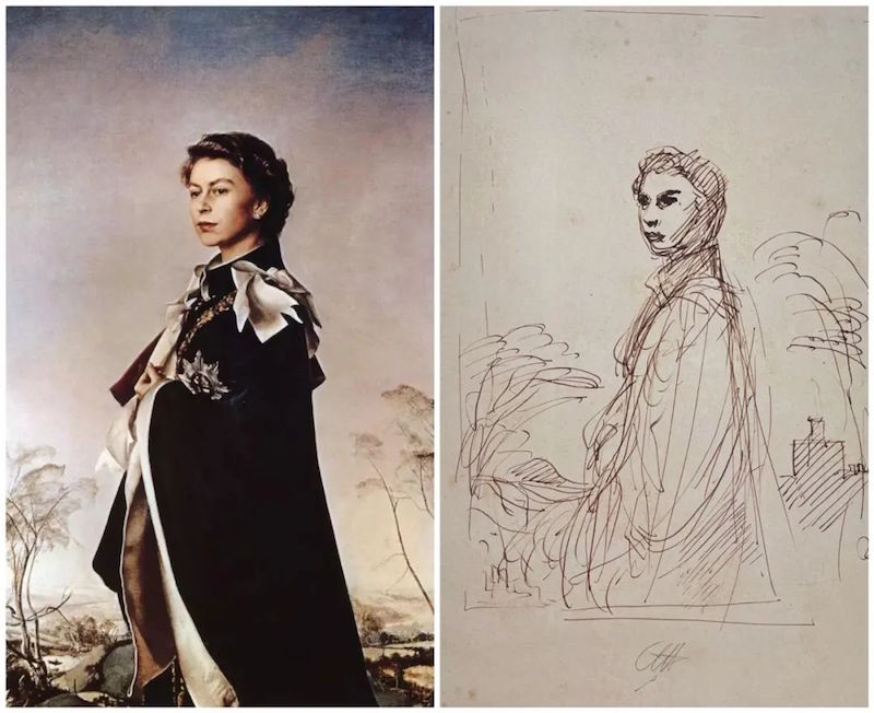 左：《伊丽莎白女王肖像》 右：《伊丽莎白女王肖像草图》，纸上作品 1956年，右侧为本次展览展出作品