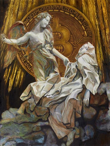 爱丁堡画家特雷弗·琼斯，《比特币天使》，仅用7分钟就在在线拍卖会上，卖出了4157个数字版本。