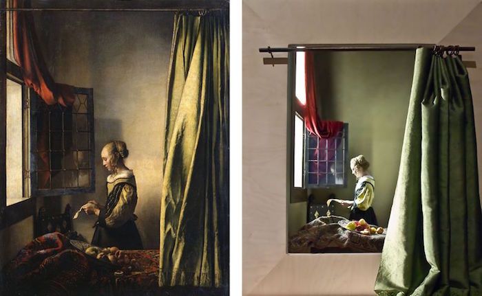 图13（左）维米尔，《窗边读信的女孩》，约1657–1659，布面油画；图14（右）“早期维米尔”展览中，对《窗边读信的女孩》画中场景的再现