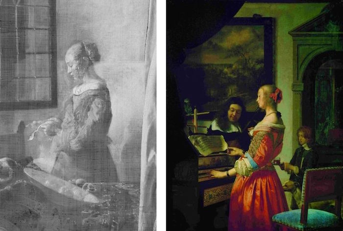 图5（左）维米尔《窗边读信的女孩》通过X射线荧光扫描创建的铅分布图；图6（右）弗朗斯·范·米耶里斯，《弹大键琴的女人》，1658年，木板油画，德国什未林国家博物馆藏