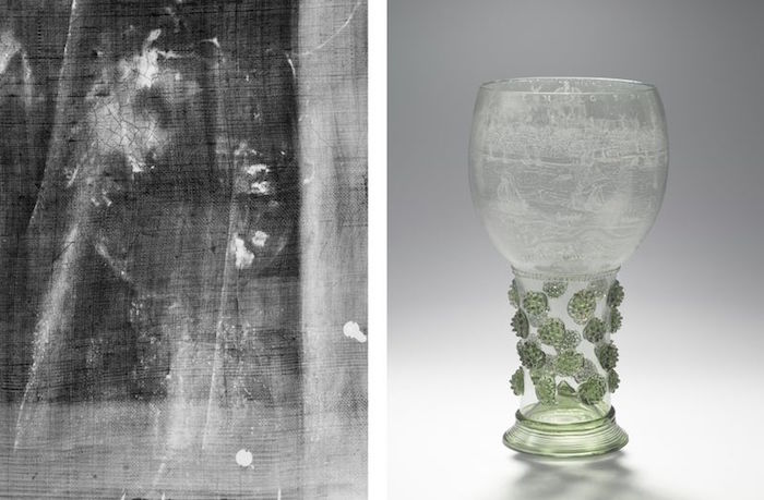 图10（左）维米尔《窗边读信的女孩》X射线图像（细节）；图11（右）锥脚球形玻璃酒杯，1644年，阿姆斯特丹国立博物馆藏
