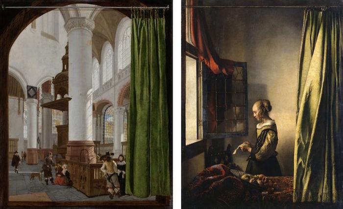 图15（左）杰拉德·霍克斯特，《代尔夫特旧教堂内部》1654年，阿姆斯特丹国立博物馆藏；图16（右）维米尔，《窗边读信的女孩》，约1657–1659，布面油画