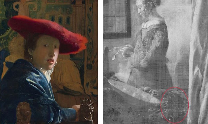 图7（左）维米尔，《戴红色帽子的女孩》，约1665–1666年，木板油画，华盛顿国家美术馆藏； 图8（右）维米尔，《窗边读信的女孩》X射线扫描获得的铅分布图，图像中亮点表示在那些点上化学元素铅的浓度很高