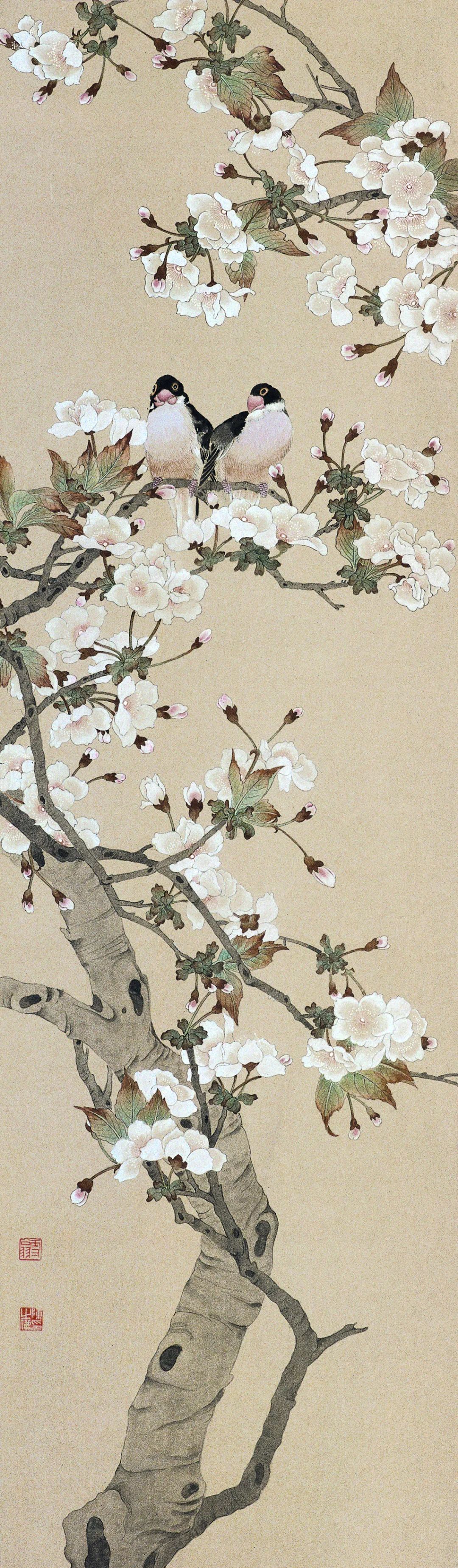 《樱花小鸟》 陈之佛 中国画 110.8x32.3cm 1959年 中国美术馆藏