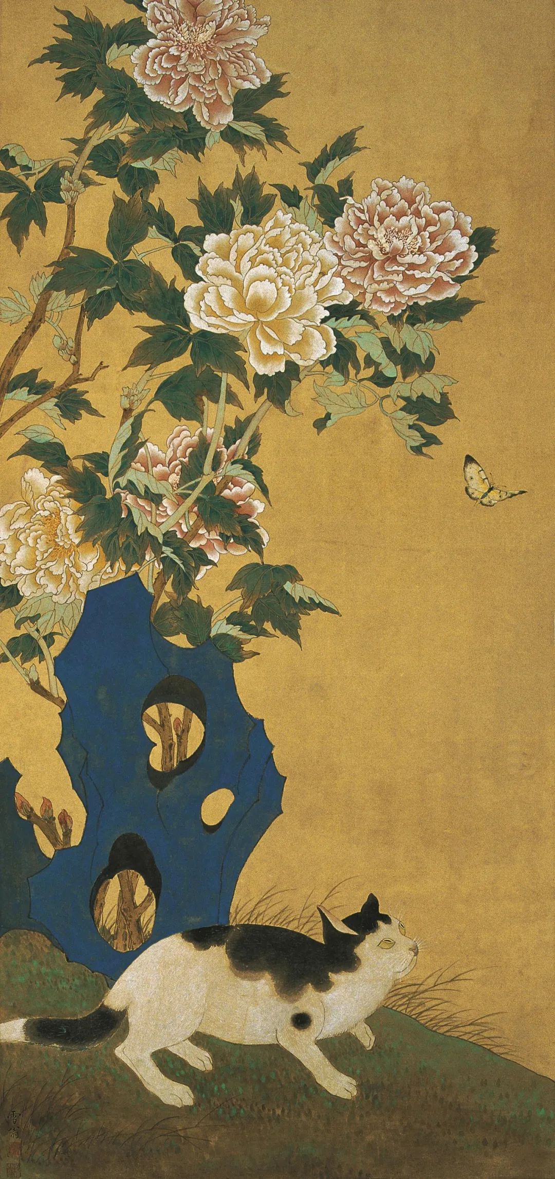 《文猫伺蝶》 陈之佛 中国画 112.8×52.3cm 1952年 南京博物院藏