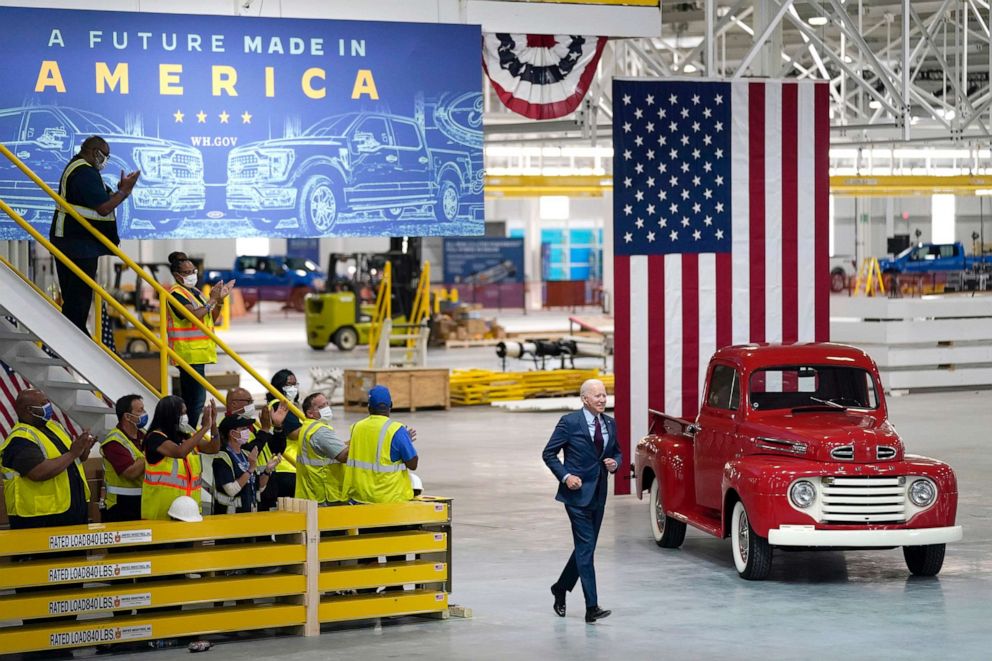 PHOTO: President Joe Biden arrives to speak after a tour of the Ford Rouge EV Center,  May 18, 2021, in Dearborn, Mich. 