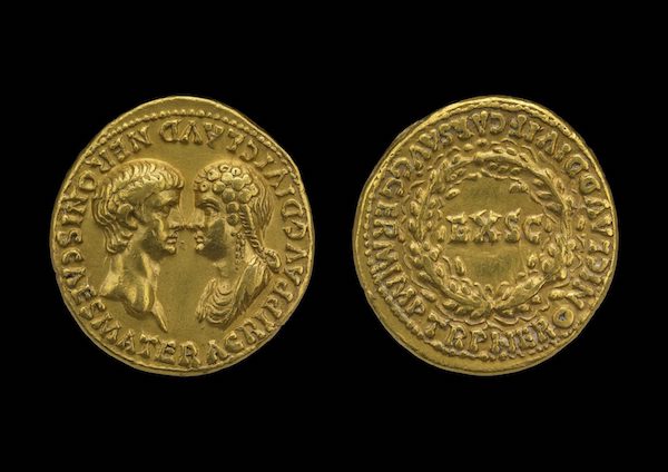金币，描述尼禄和阿格里庇娜的权力斗争，意大利，公元54年