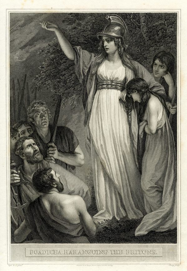 有关英格兰历史的插图中，布狄卡女王在人群中发表演说。蚀刻版画，1795年