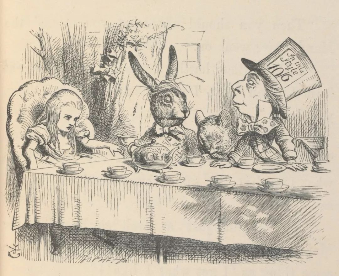 1865年，由约翰·坦尼尔所绘的插图——在疯帽子的下午茶派对上的爱丽丝