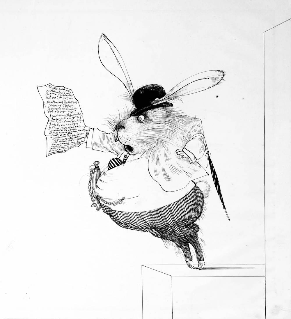 1967年，Ralph Steadman为《爱丽丝梦游奇境记》绘制的兔子素描