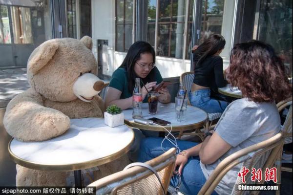 疫情期间，法国巴黎一家餐馆使用泰迪熊毛绒玩具来确保食客们保持安全社交距离。图片来源：Sipaphoto