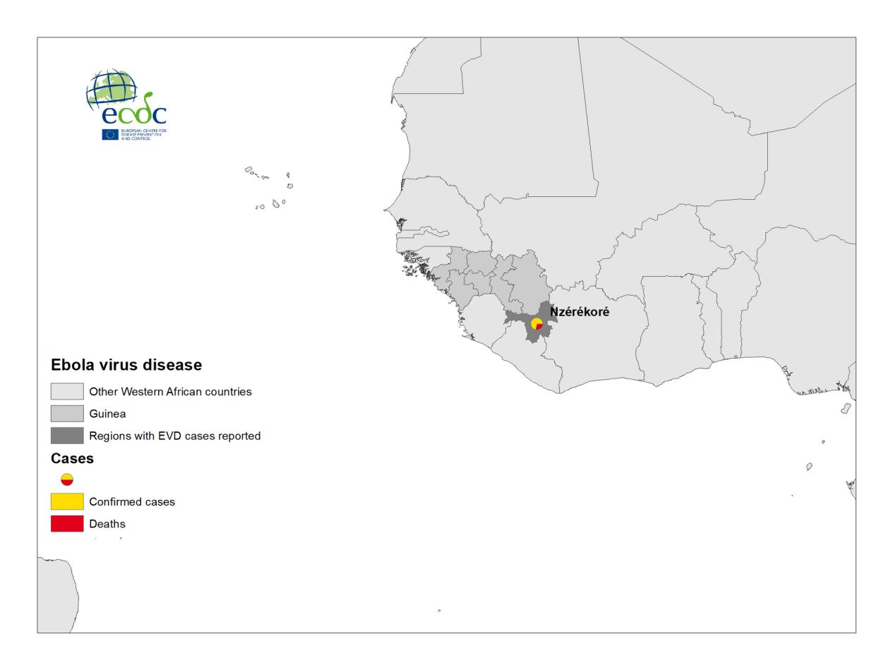 出现埃博拉病例的几内亚东南部恩泽雷科雷省位置图。