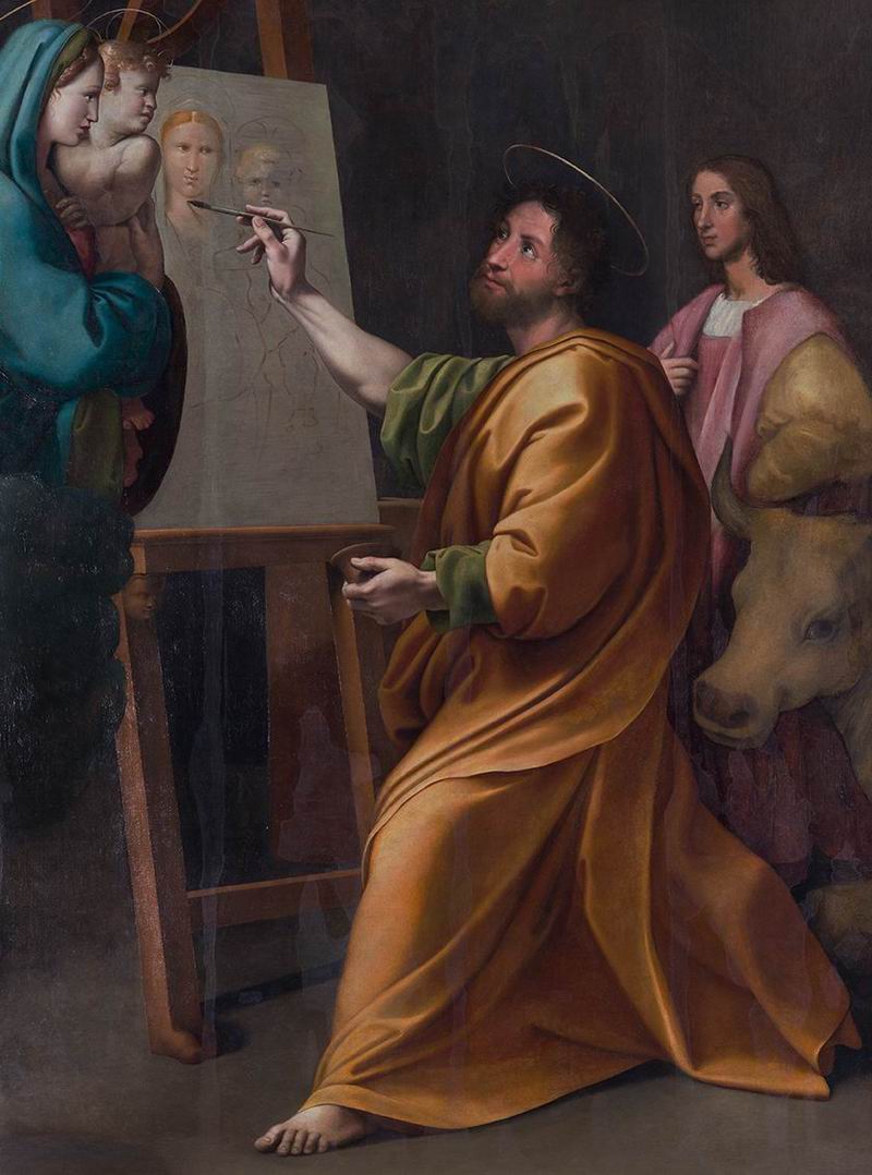 《圣路加在拉斐尔面前绘画圣母子像》，公认为属于拉斐尔·圣齐奥，267×205×2cm 300×241×11cm，木板油画转移到画布上