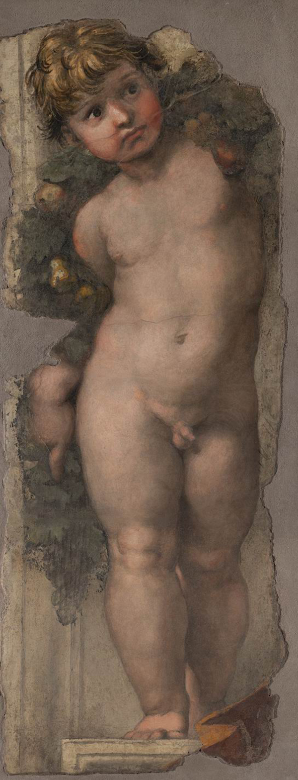《持花饰的孩童》，拉斐尔·圣齐奥，110×41.5cm 141×62.2cm，湿壁画