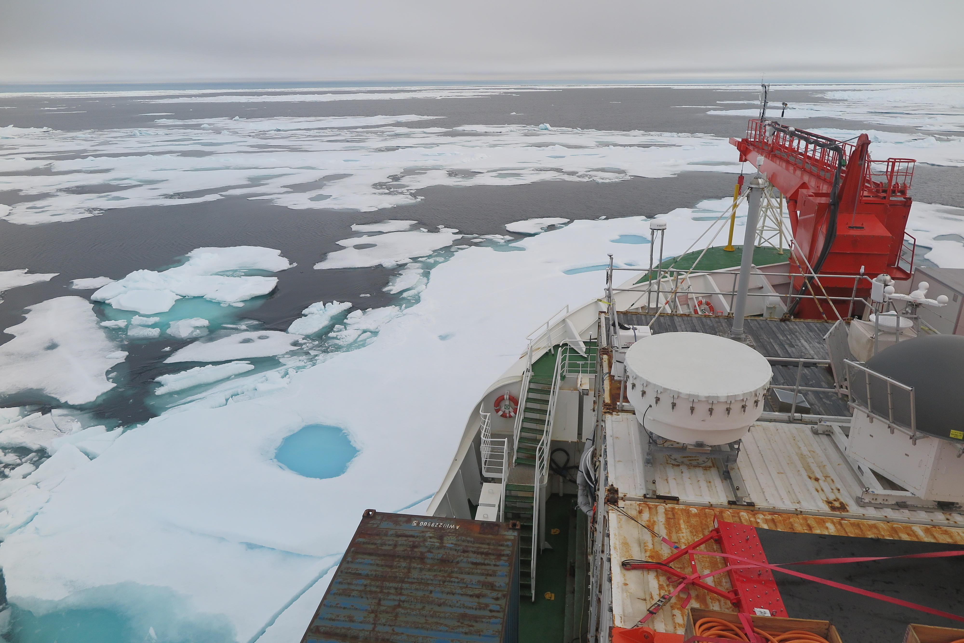 2020年8月16日拍摄的格陵兰北部旺德尔海上的海冰，这片区域本来常年被海冰覆盖，2020年8月14日的卫星图片显示这里的海边覆盖比率下降到了历史新低50%。