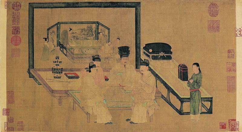 （传）五代 周文矩 《重屏会棋图》 绢本设色 40.3 厘米×70.5 厘米 故宫博物院藏