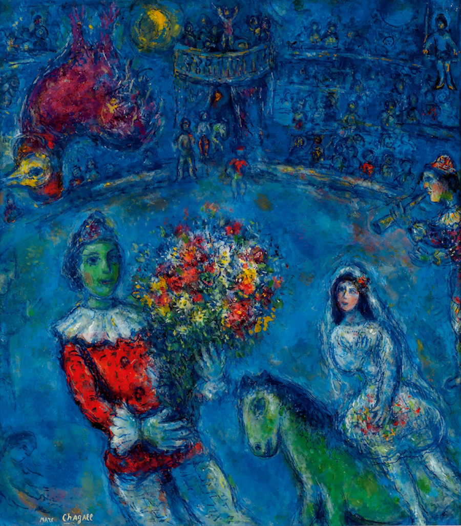 紫罗兰公鸡，综合材料绘画（油彩、水粉、墨、布面） The Purple Rooster, Oil, gouache and ink on canvas 89.3x78.3cm, 1966-1972 Marc Chagall, The Purple Rooster, 1966-72, Oil,gouache and ink on canvas ⓒ Marc Chagall / ADAGP, Paris - SACK, Seoul, 2021