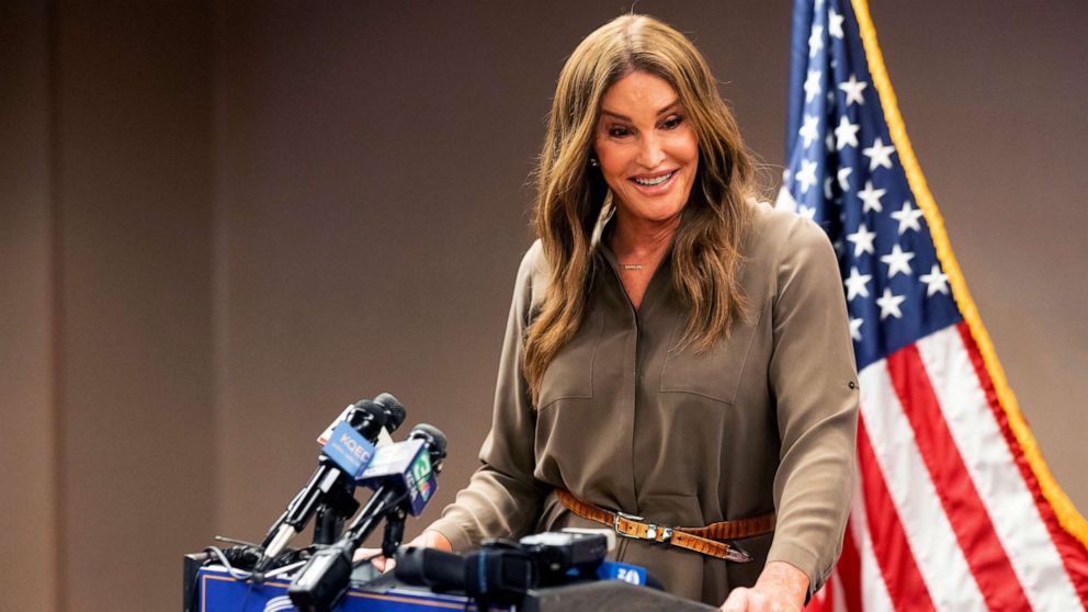 PHOTO: Caitlyn Jenner, a Republican candidate for California governor, speaks during a news conference in Sacramento, Calif., July 9, 2021.