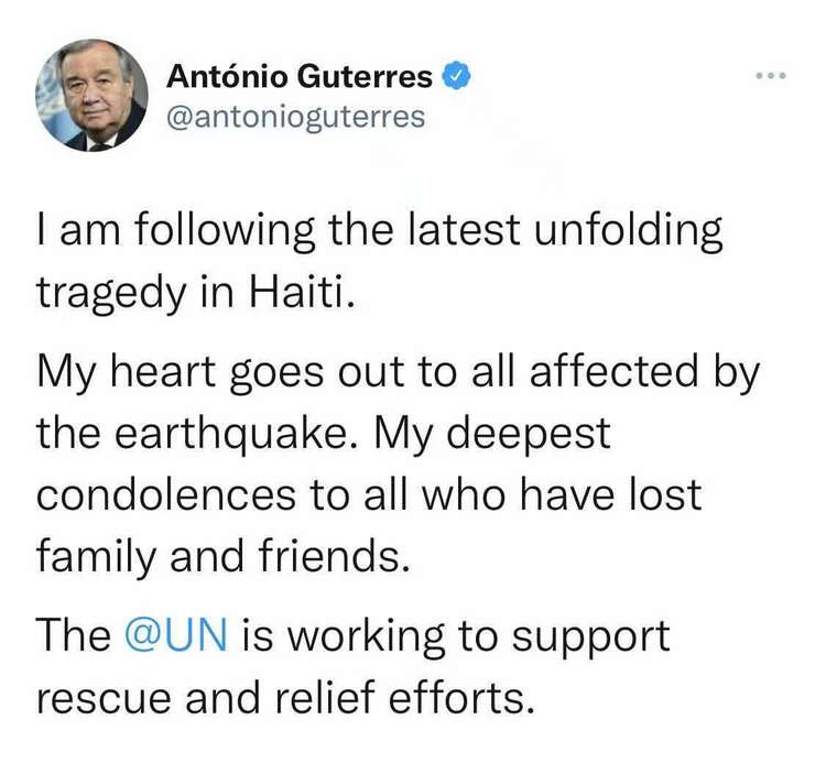 联合国秘书长：对海地地震逝者表示哀悼