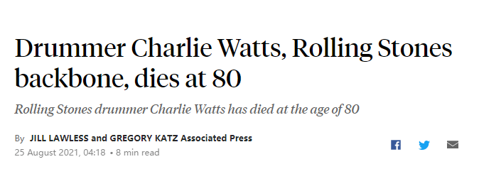 滚石乐队鼓手查理·沃茨去世 享年80岁