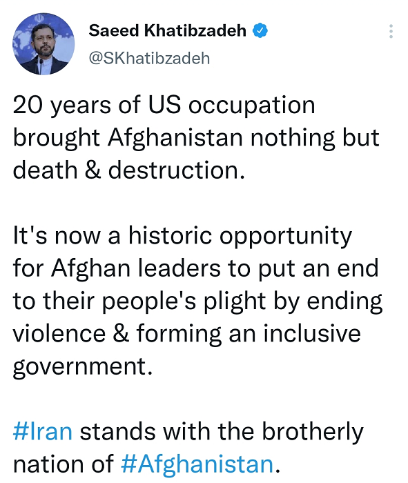 伊朗外交部发言人：美国占领阿富汗20年带来的只有破坏和死亡