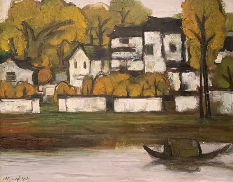 展览中，陈钧德作品《家乡的河》，可见其受林风眠的影响