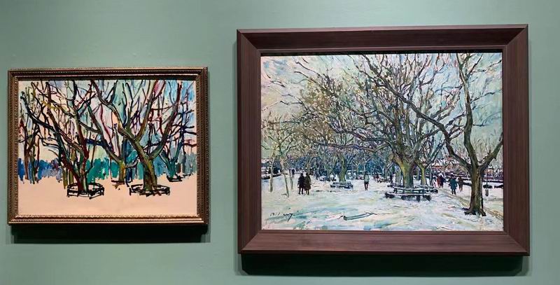 陈钧德1977年画的《复兴公园雪霁》（右）和刘海粟美术馆馆藏刘海粟的《复兴公园》