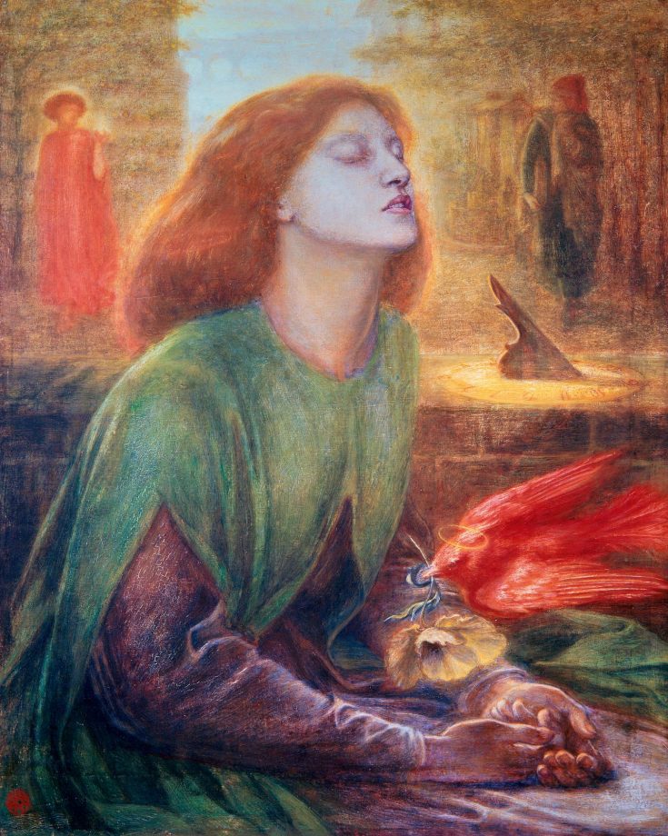罗塞蒂，《贝娅塔·贝娅特丽克丝》，1863年，画中模特为西达尔，作品集中体现了罗塞蒂 对描绘美丽女性的热衷。